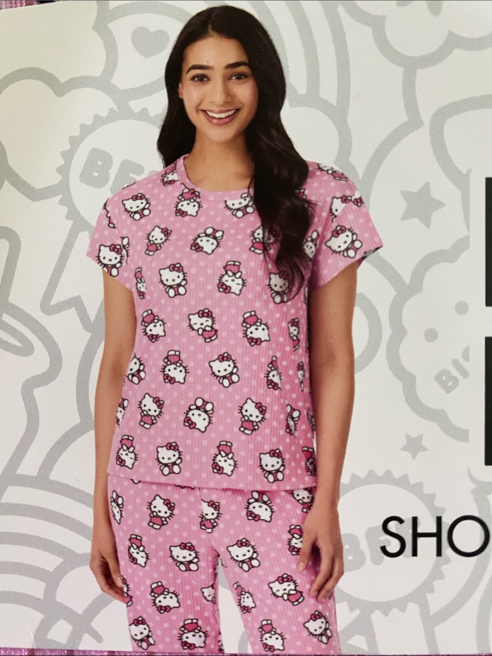 Hello Kitty Pink Short Sleeve Pajama Set with All-Over Character Prints. NWT